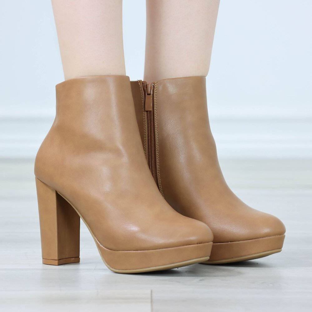 Womens Platform High Heeled Bootie Zip Up Tan Ankle Boots Block Heel - Picture 12 of 12